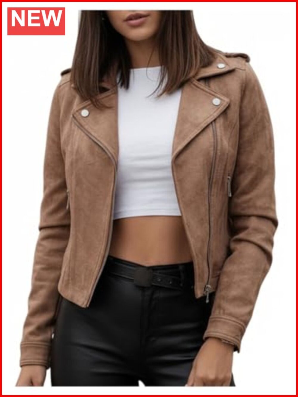 Women's Faux Suede Motorcycle Jacket Zip Up Casual Biker Outerwear